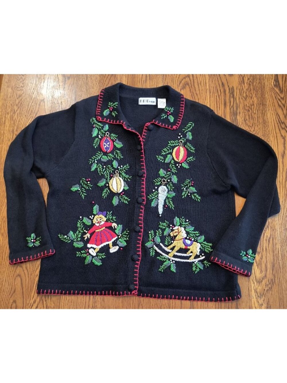 Vintage B.P. Design Christmas Cardigan Sweater With Embroidered Ornaments Toys